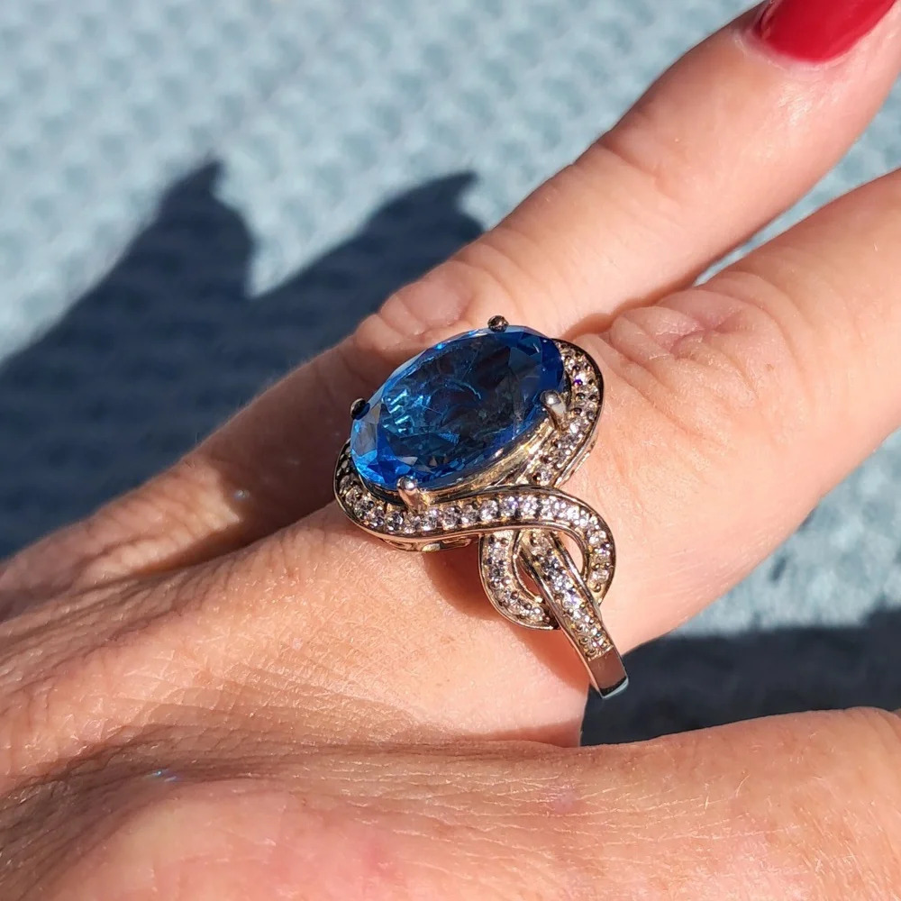 Blue Topaz and White Zircon Ring in 925 Sterling Silver - Picture 5 of 8